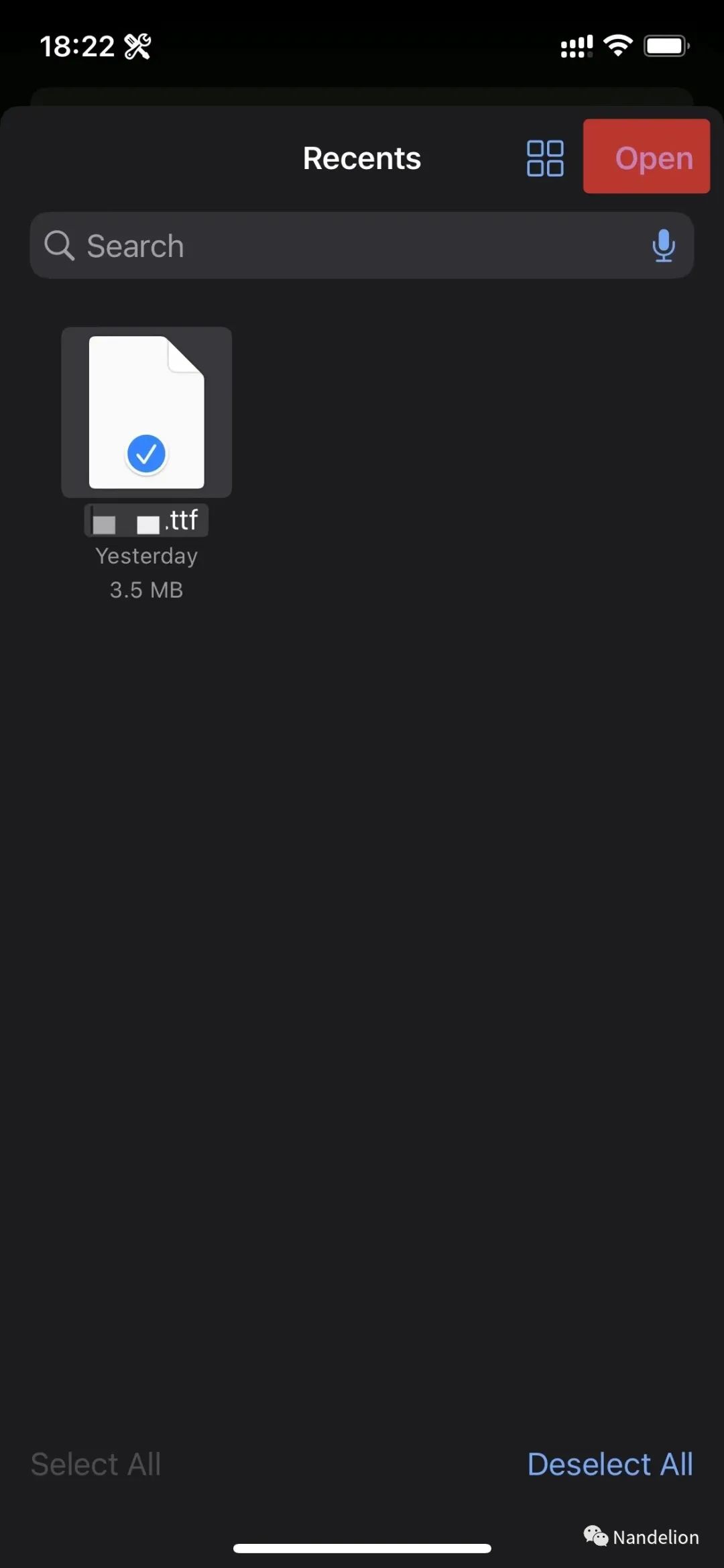 Locate the TTF font package, select it, and click "Open" in the upper right corner